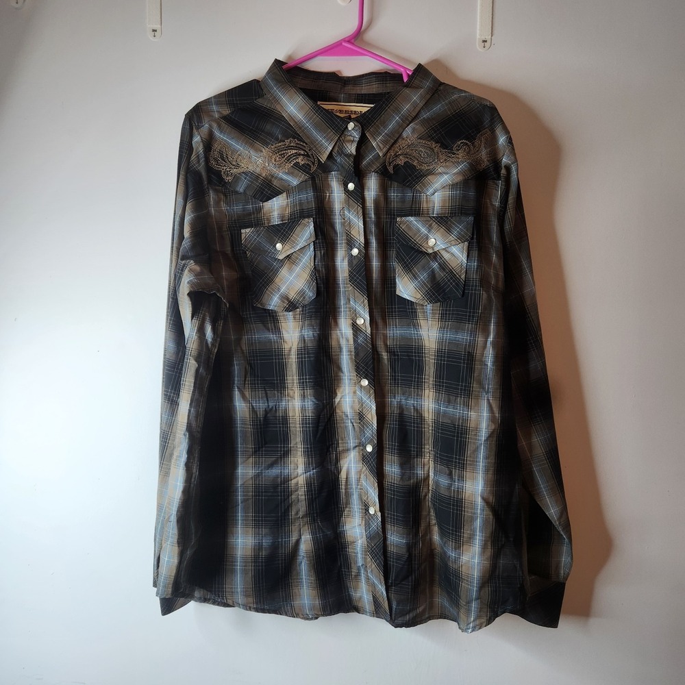 Bit & Bridle Womens 1X Western Plaid Snap Shirt Paisley Embroidery BBWL-21566